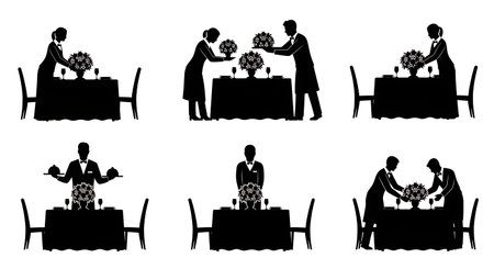 Black Solid Caterers Placing Floral Centerpieces Silhouettes Set of Six on White Background isolated on plain white background.のイラスト素材