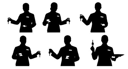Black Solid Room Service Handing Key Silhouettes Set of Six on White Background isolated on plain white background.のイラスト素材
