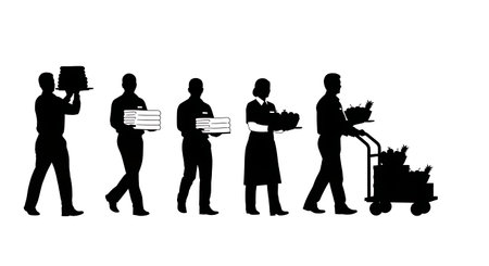 Black Solid Room Service Fruit Basket Silhouettes Set of Six on White Background isolated on plain white background.のイラスト素材