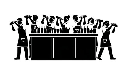 Black Solid Catering Staff Shaking Cocktails Silhouettes Set of Six on White Background isolated on plain white background.のイラスト素材