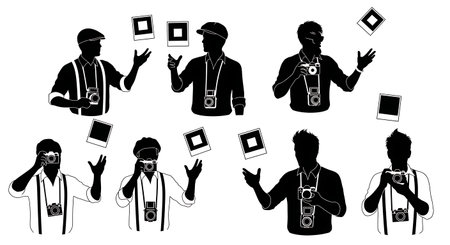 Black Solid Hipster Photographers Tossing Polaroid Silhouettes Set of Six on White Background...