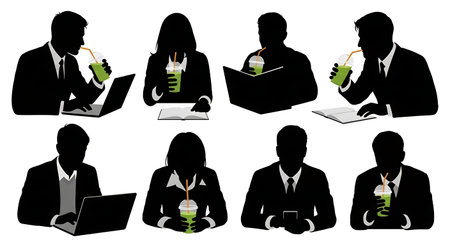 Black Solid Designers Drinking Smoothie Silhouettes Set of Six on White Background isolated on plain white background.のイラスト素材