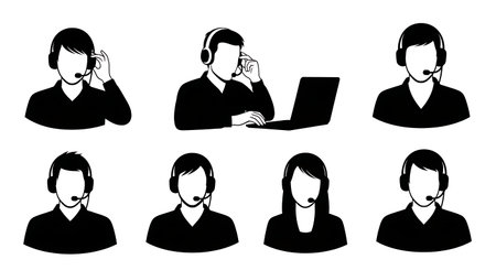 Black Solid Dialogue Editor Recording Audio Silhouettes Set of Six on White Background isolated on plain white background.のイラスト素材