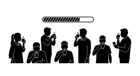 Black Solid Editors Drinking Coffee While Rendering Silhouettes Set of Six on White Background...