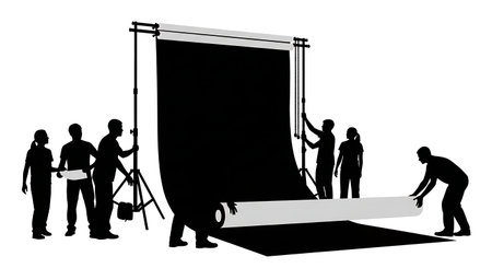 Black Solid Assistants Unrolling Background Drop Silhouettes Set of Six on White Background isolated...