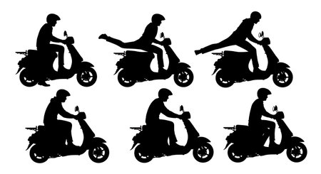 Black Solid Riders Stepping Off Scooter Silhouettes Set of Six on White Background isolated on plain white background.のイラスト素材