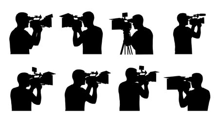 Black Solid Videographers Camera Matte Box Silhouettes Set of Six on White Background isolated on...