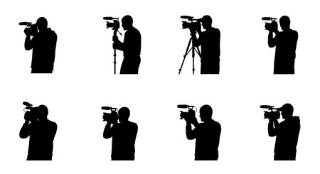 Black Solid Solo Videographer Shotgun Mic Silhouettes Set of Six on White Background isolated on...