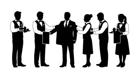 Black Solid Waiter Assisting Coat Silhouettes Set of Six on White Background isolated on plain white...