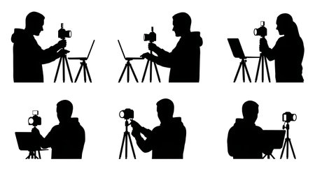 Black Solid Vlogger Holding Camera Laptop Silhouettes Set of Six on White Background isolated on...