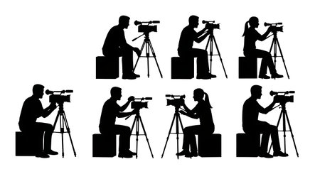 Black Solid Videographer Apple Box Silhouettes Set of Six on White Background isolated on plain...