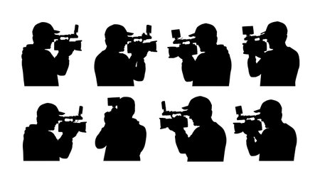 Black Solid Videographer LCD Screen Silhouettes Set of Six on White Background isolated on plain...
