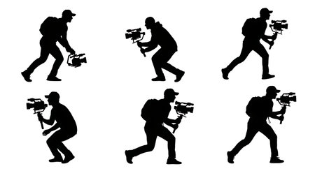 Black Solid Sports Cameraman Running Silhouettes Set of Six on White Background isolated on plain...