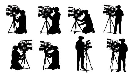 Black Solid VR Videographer 360 Camera Silhouettes Set of Six on White Background isolated on plain...