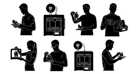 Dark Solid 3D Printing Creators Removing Model Six Poses on White isolated on plain white...