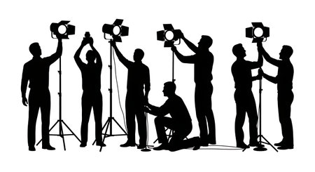 Black Solid News Anchor Adjusting Lights Silhouettes Set of Six on White Background isolated on...