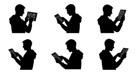Black Solid Animator Scrolling Asset Library Silhouettes Set of Six on White Background isolated on...