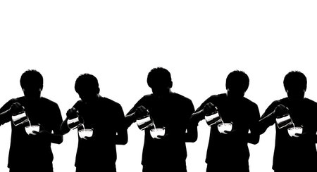Dark Filled Coffee Creators Pouring Latte Six Scenes on White isolated on plain white background.