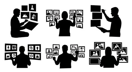 Black Solid Concept Designers Creating Moodboards Silhouettes Set of Six on White Background...