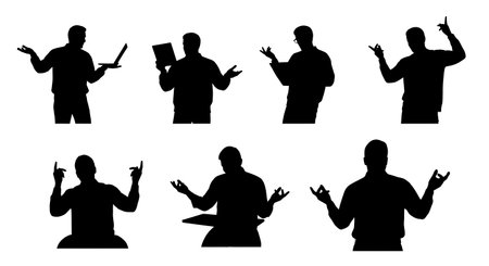 Black Solid Copywriter Brainstorming Gestures Silhouettes Set of Six on White Background isolated on plain white background.のイラスト素材