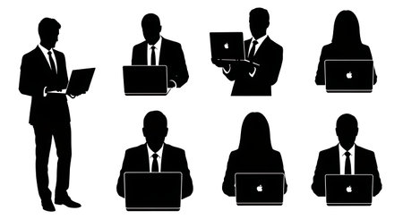 Black Solid Closing Laptop Social Media Manager Silhouettes Set of Six on White Background isolated...