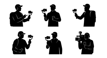 Black Solid Citizen Journalists Livestreaming Protests Silhouettes Set of Six on White Background...