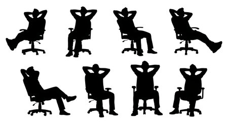 Black Solid Animator Relaxing In Chair Silhouettes Set of Six on White Background isolated on plain white background.のイラスト素材