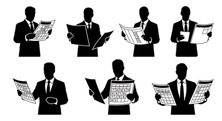 Black Solid Data Journalists Printed Spreadsheets Silhouettes Set of Six on White Background isolated on plain white background.のイラスト素材