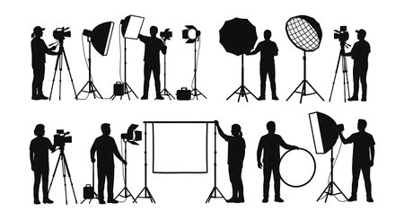 Black Solid Documentary Filmmakers Lighting Gear Silhouettes Set of Six on White Background isolated...