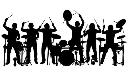 Filled Drum Cover Creators Hitting Cymbals Six Actions on White isolated on plain white background.のイラスト素材