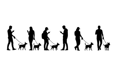 Black Solid Dog Walking Phone Social Media Manager Silhouettes Set of Six on White Background isolated on plain white background.のイラスト素材
