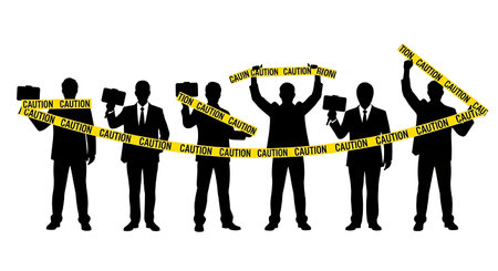 Black Solid Field Reporter Caution Tape Silhouettes Set of Six on White Background isolated on plain white background.のイラスト素材