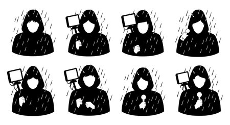 Filled Field Reporters Bracing in Rain Group of Six on White isolated on plain white background.のイラスト素材