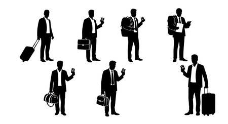 Black Solid Foreign Correspondents Airport Luggage Silhouettes Set of Six on White Background isolated on plain white background.のイラスト素材