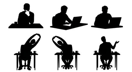 Black Solid Freelance Writers Brainstorming Ideas Silhouettes Set of Six on White Background isolated on plain white background.のイラスト素材