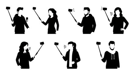 Black Solid Independent Vloggers Selfie Sticks Silhouettes Set of Six on White Background isolated...