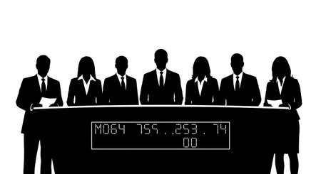 Filled Financial News Reporters at Desk Six Actions on White isolated on plain white background.