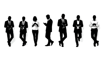 Black Solid Leaning Wall Social Media Manager Silhouettes Set of Six on White Background isolated on plain white background.のイラスト素材
