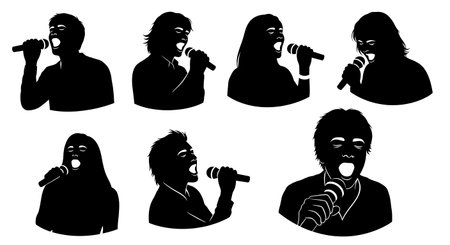 Solid Karaoke Streamers Singing Passionately Six Scenes on White isolated on plain white background.のイラスト素材