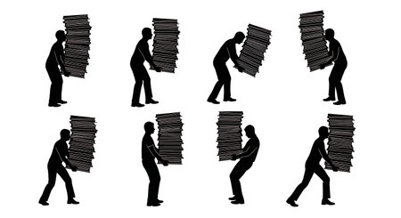 Black Solid Magazine Editor Carrying Issues Silhouettes Set of Six on White Background isolated on plain white background.のイラスト素材