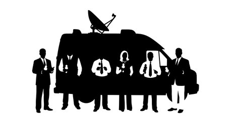 Dark Solid Local Reporters Broadcast Van Six Poses on White isolated on plain white background.のイラスト素材