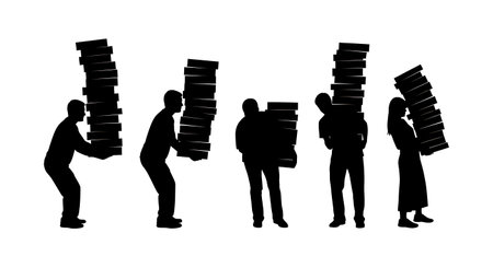 Black Solid Junior Artists Stressed Carrying Silhouettes Set of Six on White Background isolated on plain white background.のイラスト素材