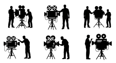 Black Solid Lighting Supervisors Approving Shots Silhouettes Set of Six on White Background isolated on plain white background.のイラスト素材