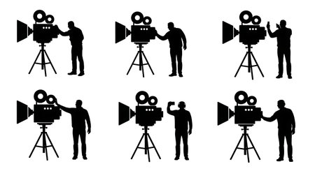 Black Solid Lighting Supervisors Approving Shots Silhouettes Set of Six on White Background isolated...