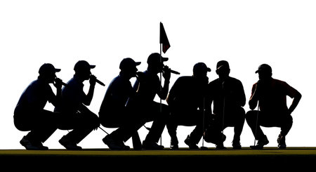 Dark Filled Golf Correspondents Whispering Six Scenes on White isolated on plain white background.のイラスト素材