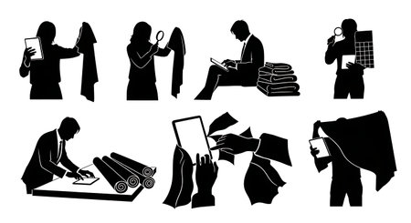 Black Solid Fashion Editors Clothing Fabrics Silhouettes Set of Six on White Background isolated on plain white background.のイラスト素材