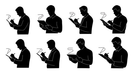 Black Solid Copywriter Stylus Tablet Silhouettes Set of Six on White Background isolated on plain white background.のイラスト素材