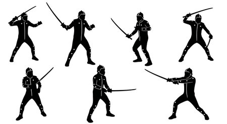 Black Solid Motion Capture Actors Sword Fighting Silhouettes Set of Six on White Background isolated on plain white background.のイラスト素材