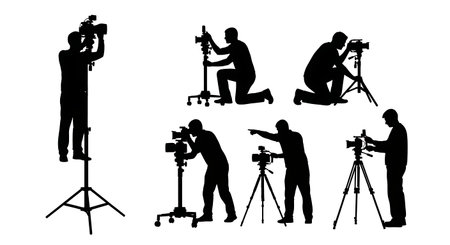 Black Solid Mocap Technicians Adjusting Cameras Silhouettes Set of Six on White Background isolated on plain white background.のイラスト素材