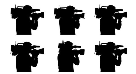 Filled News Cameramen Shoulder Camera Set of Six on White isolated on plain white background.